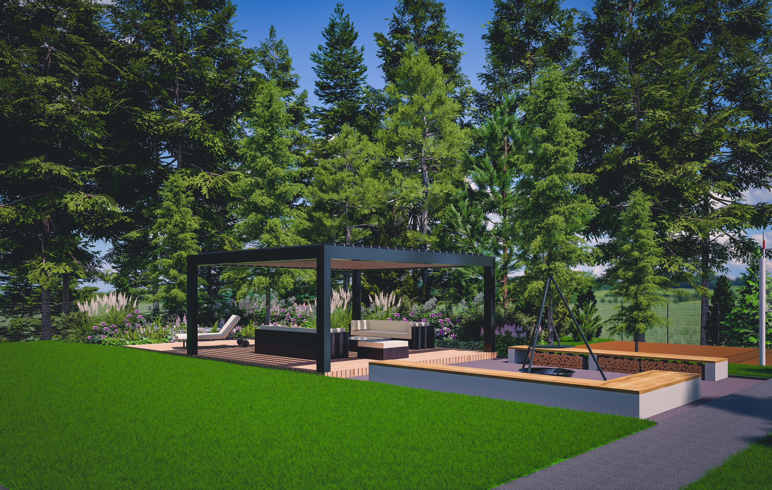 wizualizacja ogród leśny, rzut z boku