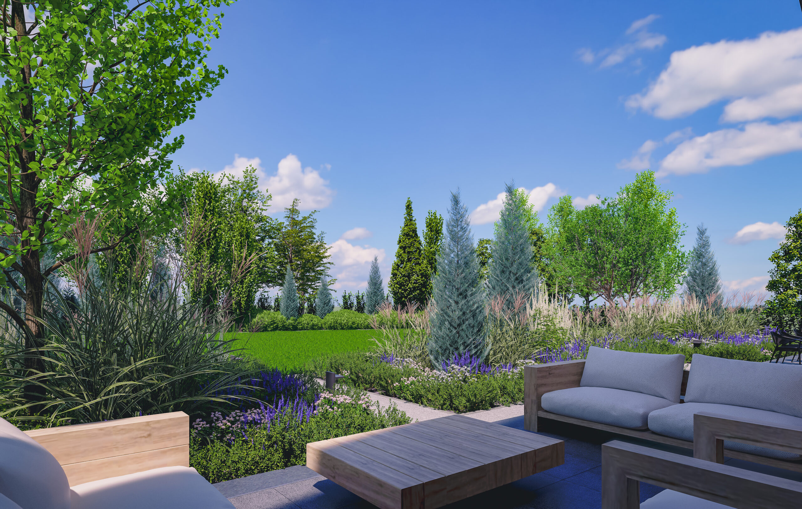 Wizualizacja przedstawiająca ogród nowoczensy