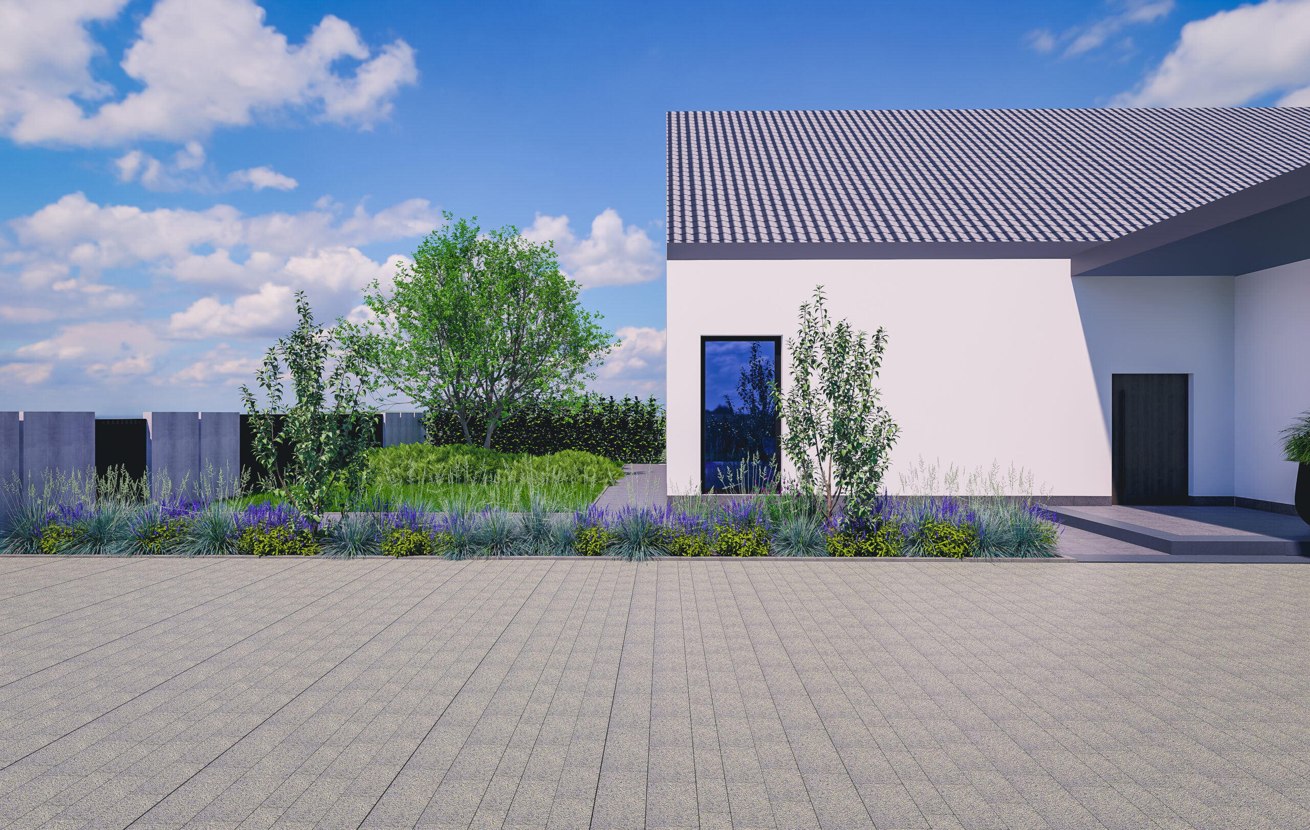 wizualizacja ogród nwowczesny, przód domu